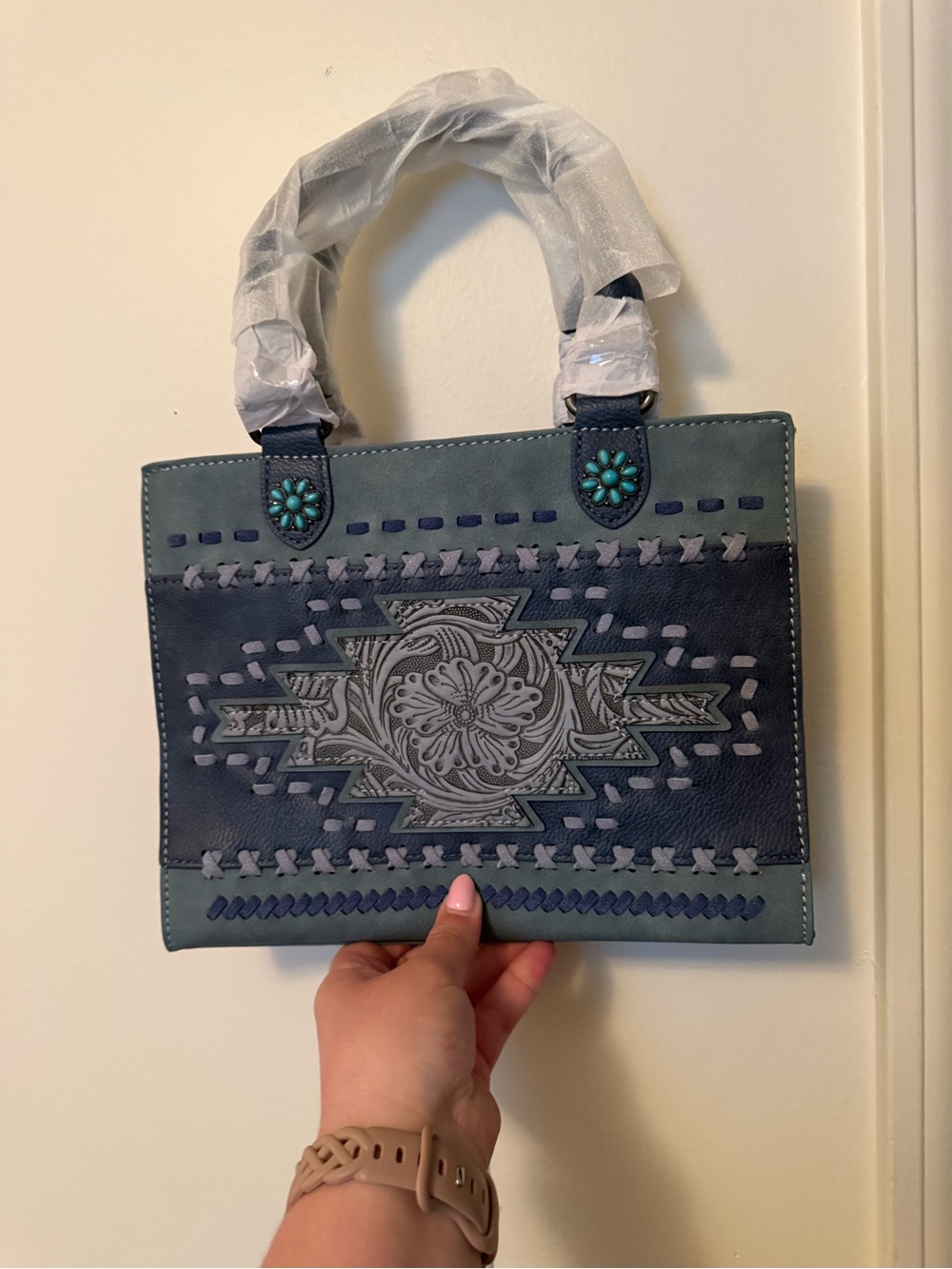 Montana West Teal and Navy Embroidered Crossbody Tote